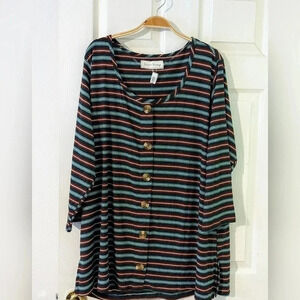 French Laundry Knit Top Striped Teal Gray White Button Up‎ Size 3X Stretchy NWT